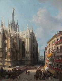 Luigi Bisi - Veduta del fianco settentrionale del Duomo di Milano; ritorno dal Te Deum la mattina del 9 giugno 1859