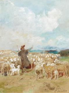 Luigi Chialiva - A Shepherd With His Flock