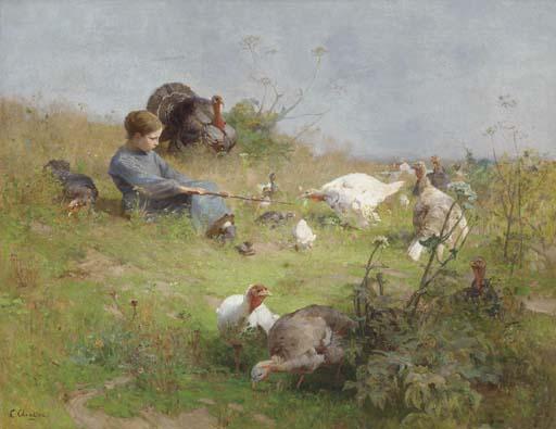 Luigi Chialiva - A Young Girl with a Flock of Turkeys
