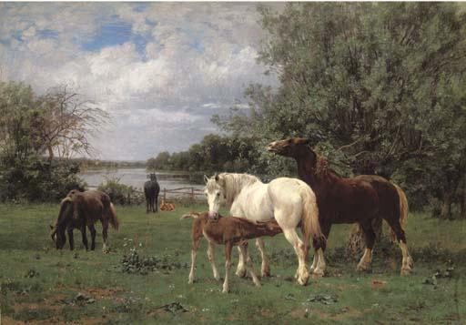 Luigi Chialiva - Horses At Pasture