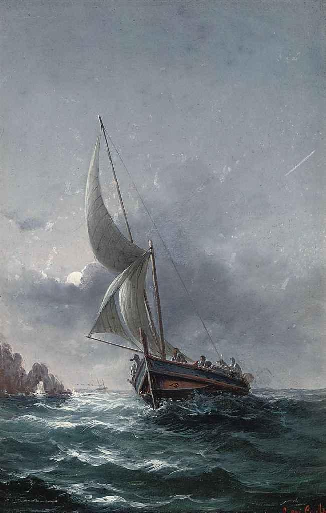Luigi Maria Galea - A Maltese fishing vessel off the coast under moonlight