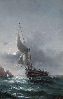 Luigi Maria Galea - A Maltese fishing vessel off the coast under moonlight