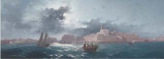 Luigi Maria Galea - Crowded small craft running out of Grand Harbour, Valetta, by moonlight