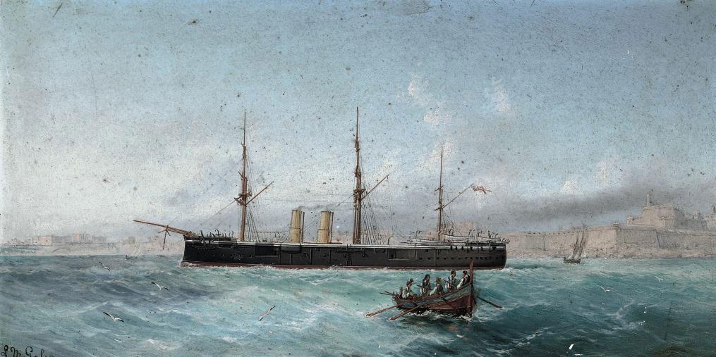 Luigi Maria Galea - H.M.S Superb off the entrance to the Grand Harbour, Valetta