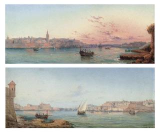 Luigi Maria Galea - Rowing out, Valetta harbour, sunset; and Fishing vessels in Valetta harbour, Malta