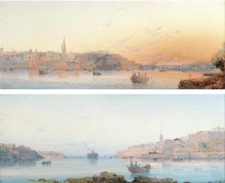 Luigi Maria Galea - The Grand Harbour, Valetta, early morning;  and The Grand Harbour, Valetta, at dusk