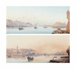 Luigi Maria Galea - The Grand harbour, Valletta; and Marsamxett harbour at dusk, Valletta
