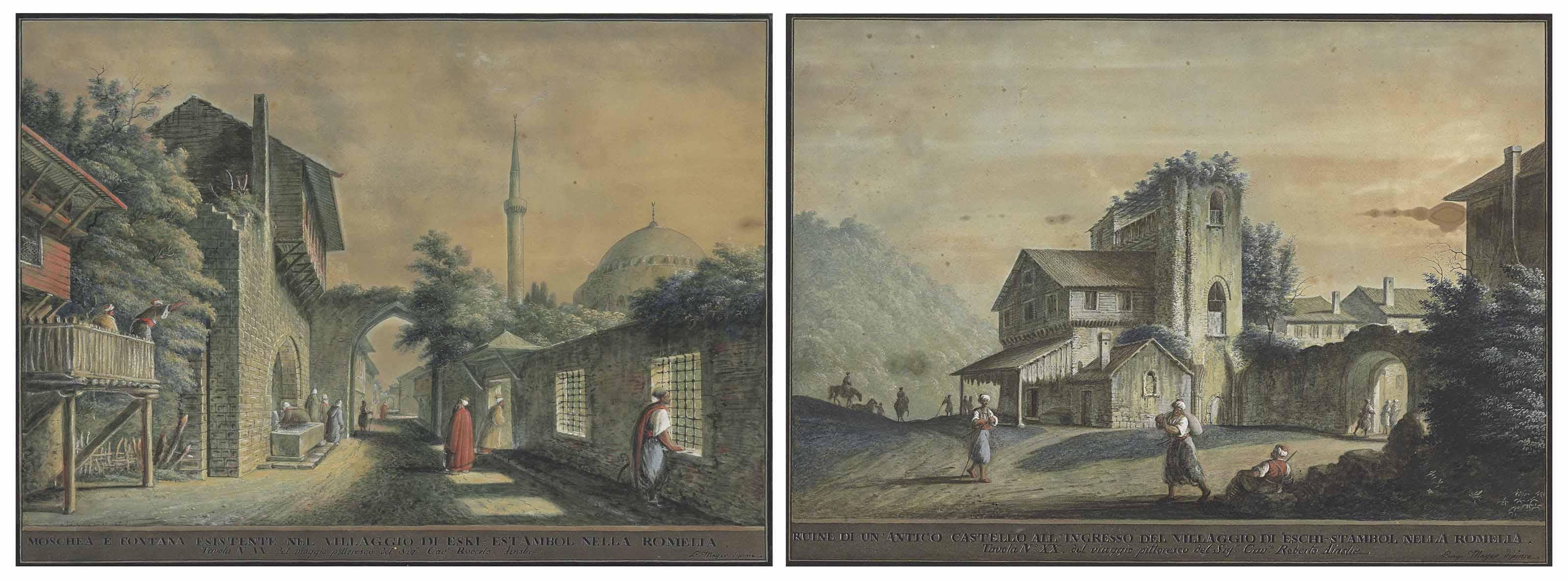 Luigi Mayer - A street in Istanbul with a mosque behind; A house and a city gate near Istanbul