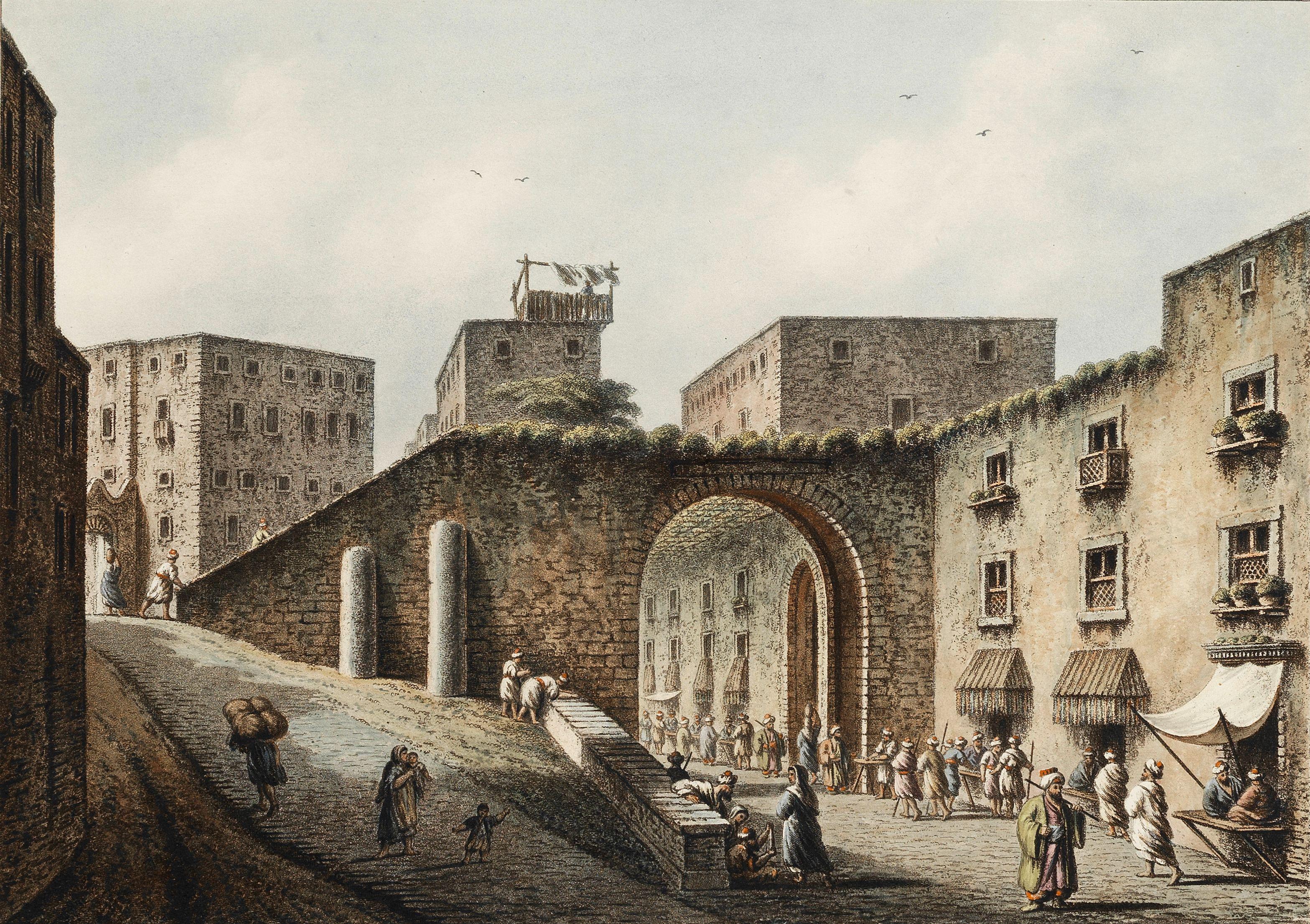 Luigi Mayer - \'Church & Convent of St. Mary\'; \'Caravansera at Kustchiuk-Czemege\'; \'Fountain of Serpents\'; and 5 further views hand-coloured aquatints, each with accompanying leaf of letterpress description, each published by W. Watts, 1801-1803 (8)