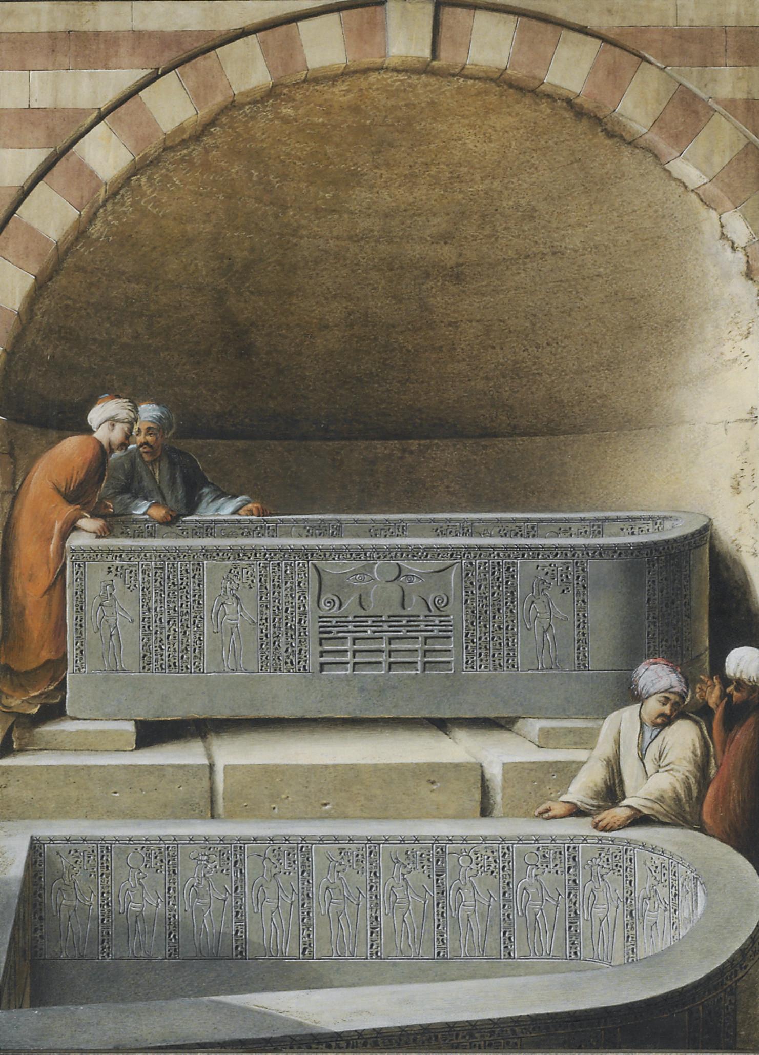 Luigi Mayer - Figures in a tomb examining basalt sarcophogae, Cairo
