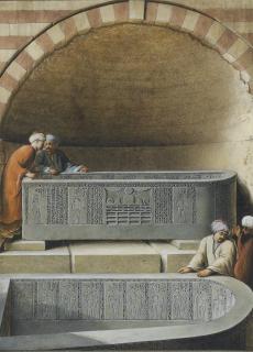Luigi Mayer - Figures in a tomb examining basalt sarcophogae, Cairo