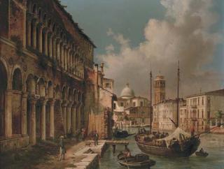 Luigi Querena - Figures before a palazzo on a Venetian backwater with San Giorgio Maggiore beyond
