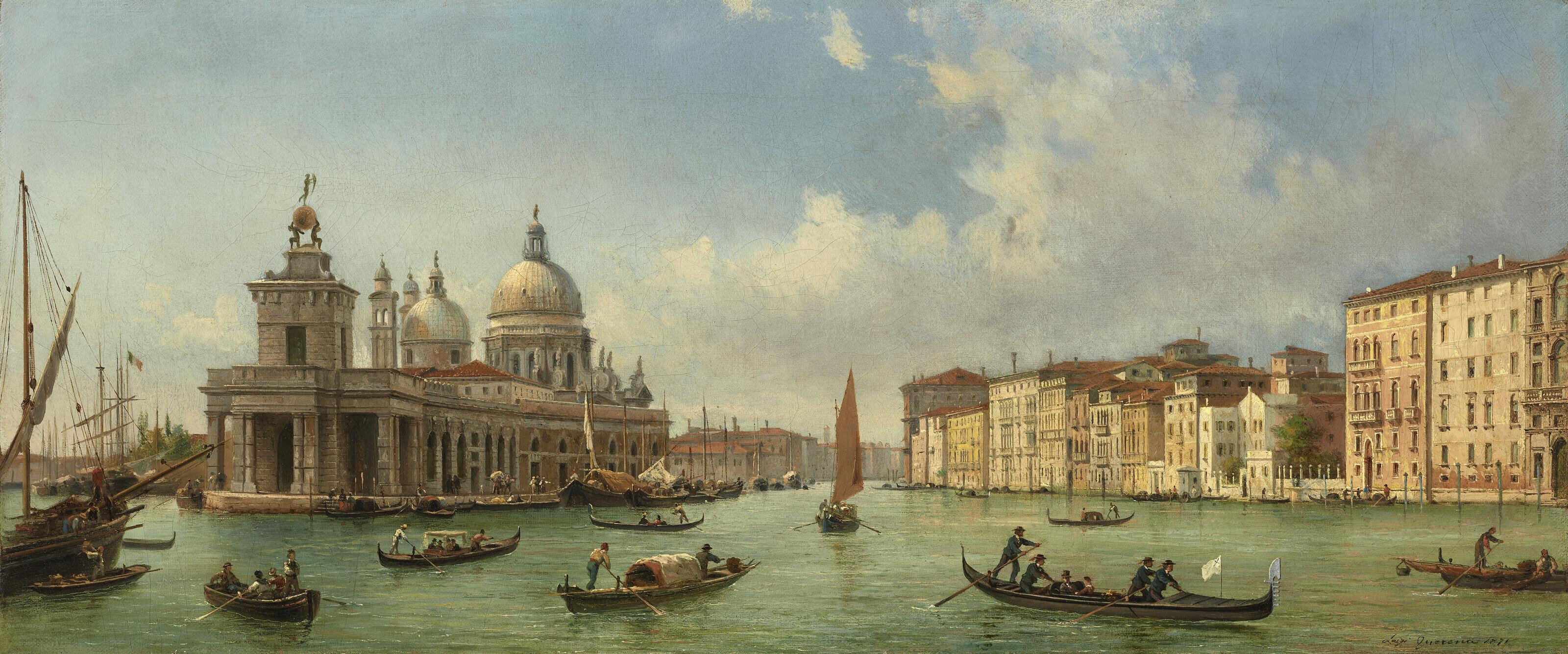 Luigi Querena - Gondolas and Boats on the Molo, Looking West Towards Santa Maria Della Salute