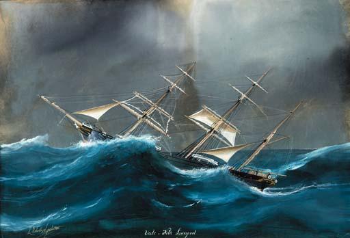 Luigi Roberto - The barque Vale of Nith of Liverpool under reduced sail in heavy weather