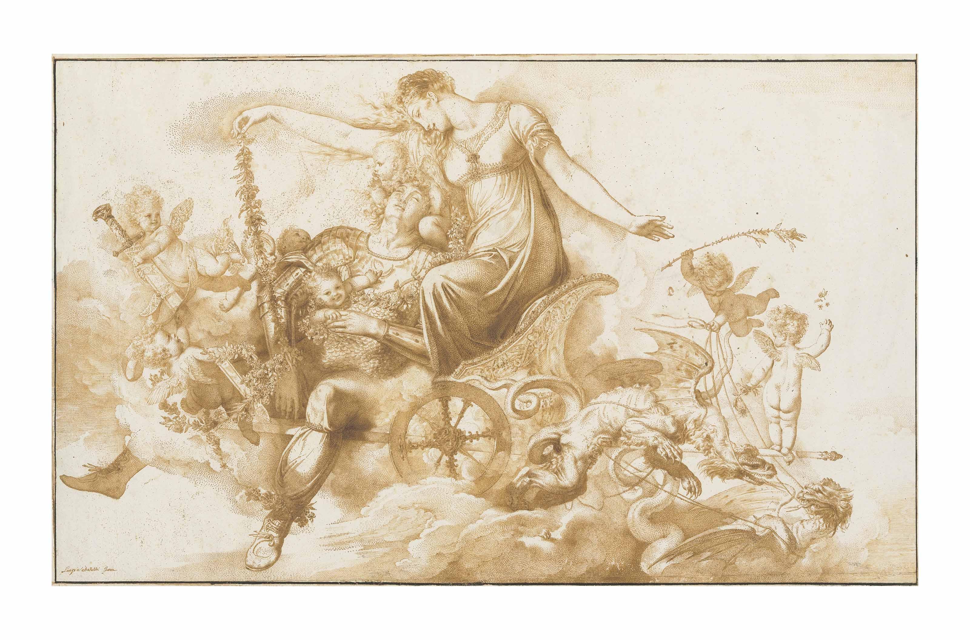 Luigi Sabatelli - Armida and the sleeping Rinaldo on a chariot drawn by dragons and escorted by putti
