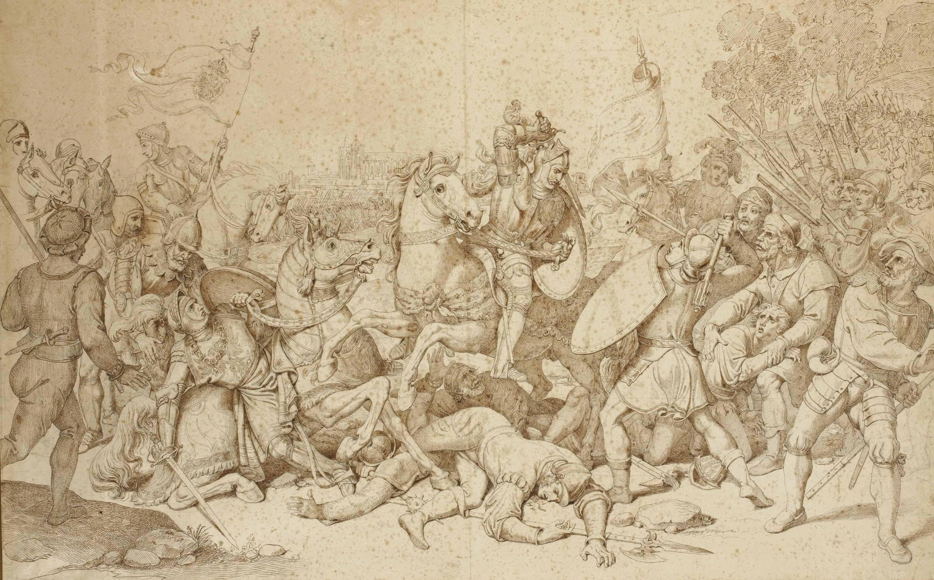 Luigi Sabatelli - Scène troubadour d\'une bataille avec des cavaliers portant les armes des Habsbourg