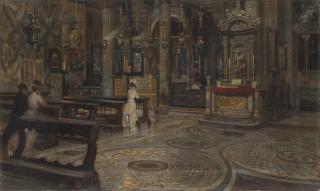 Luigi Sorio - Interno di chiesa con figure in preghiera