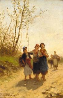 Luigi Steffani - Three young country girls on a road