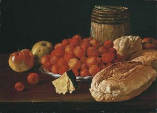 Luis Egidio Meléndez - Arbutus berries on a plate, apples, a wood barrel and bread rolls on a wooden table