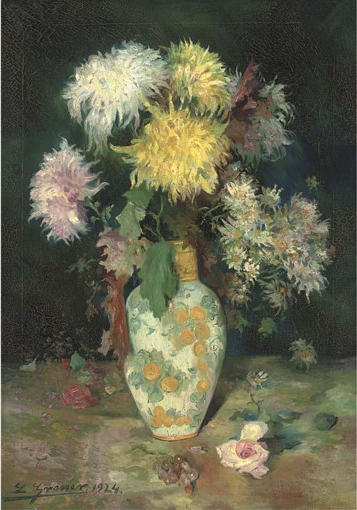 Luis Graner y Arrufi - Chrysanthemums and daisies in a ceramic vase