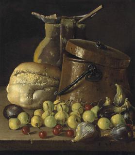 Luis Meléndez - An earthenware pitcher and copper pail, with a bread roll, figs, quinces and cherries on a stone ledge