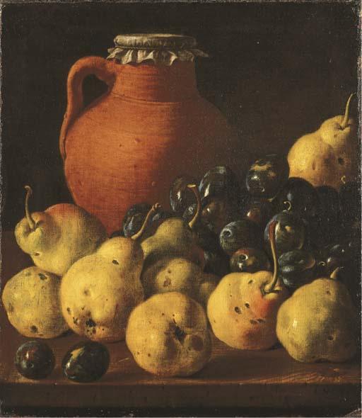 Luis Meléndez - An earthenware pitcher with pears and plums on a wooden table ledge
