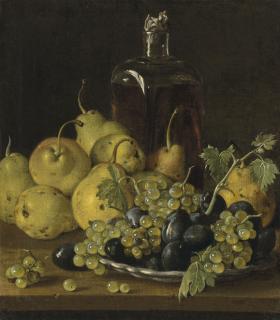 Luis Meléndez - Grapes and plums on a plate, with pears and a glass bottle on a wooden ledge