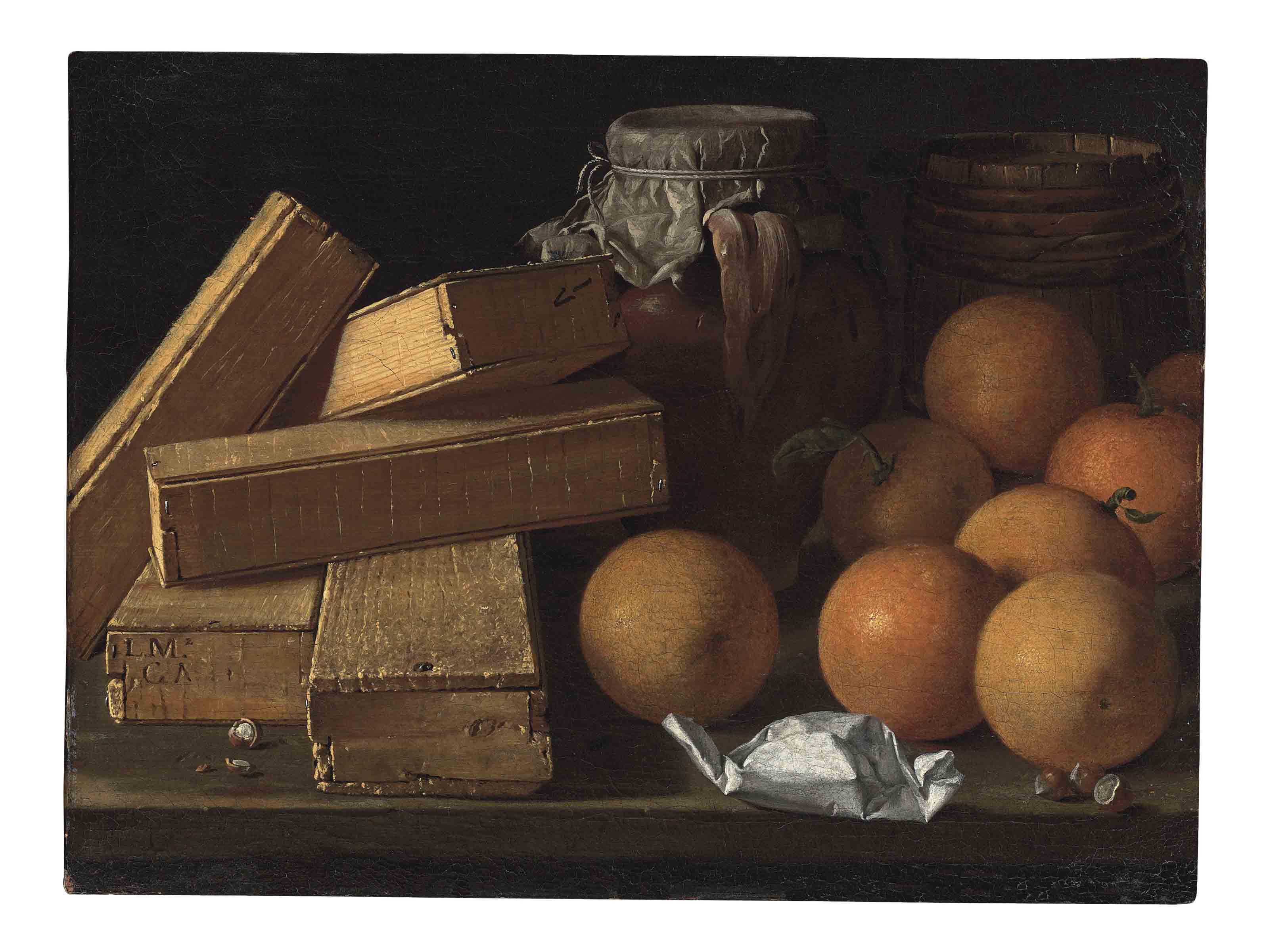 Luis Meléndez - Oranges, nuts, spices, boxes of sweetmeats, a jug and a cask on a table