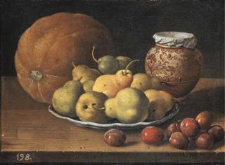 Luis Meléndez - Pears on a plate, a melon, plums, and a decorated Manises jar with plums on a wooden ledge