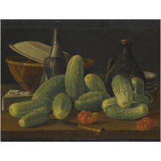 Luis Meléndez - Still Life With Cucumbers And Tomatoes Together With A Knife And Other Kitchen Utensils Upon A Wooden Table