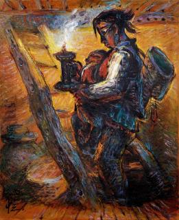 Luo Zhongli - The Daba Mountains Series： Peasant Woman On A Ladder(Painted In 2000)