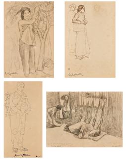 Luu Cong Nhan - Three drawings with figures and a print