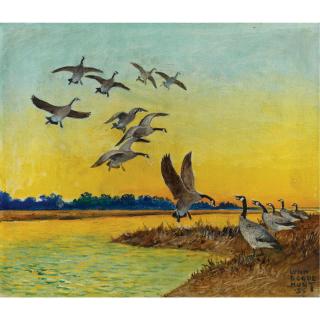 Lynn Bogue Hunt - American Sunset At The Lake, Canada Geese