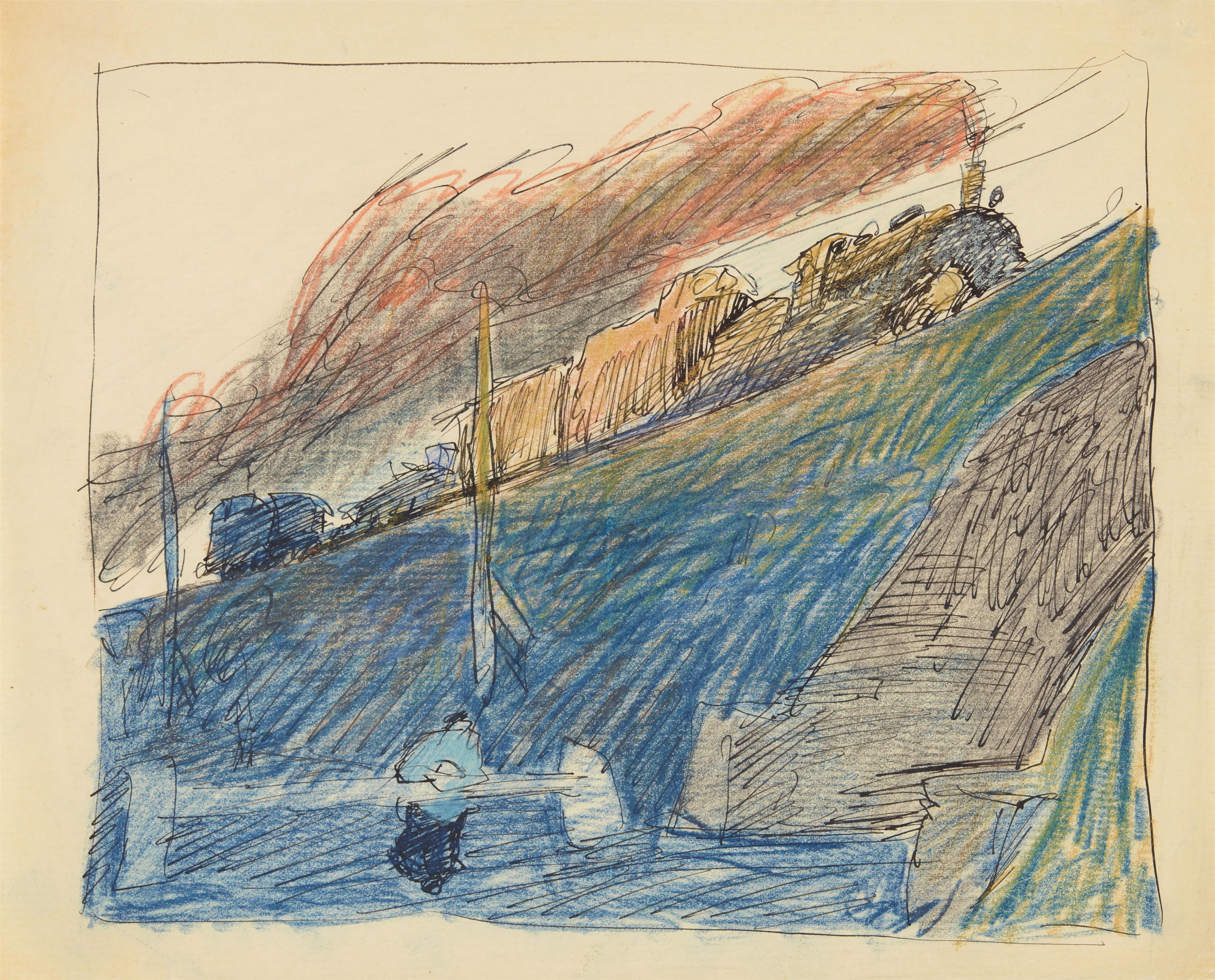 Lyonel Feininger - Steam Train (Vorbeifahrender Güterzug auf Bahndamm)