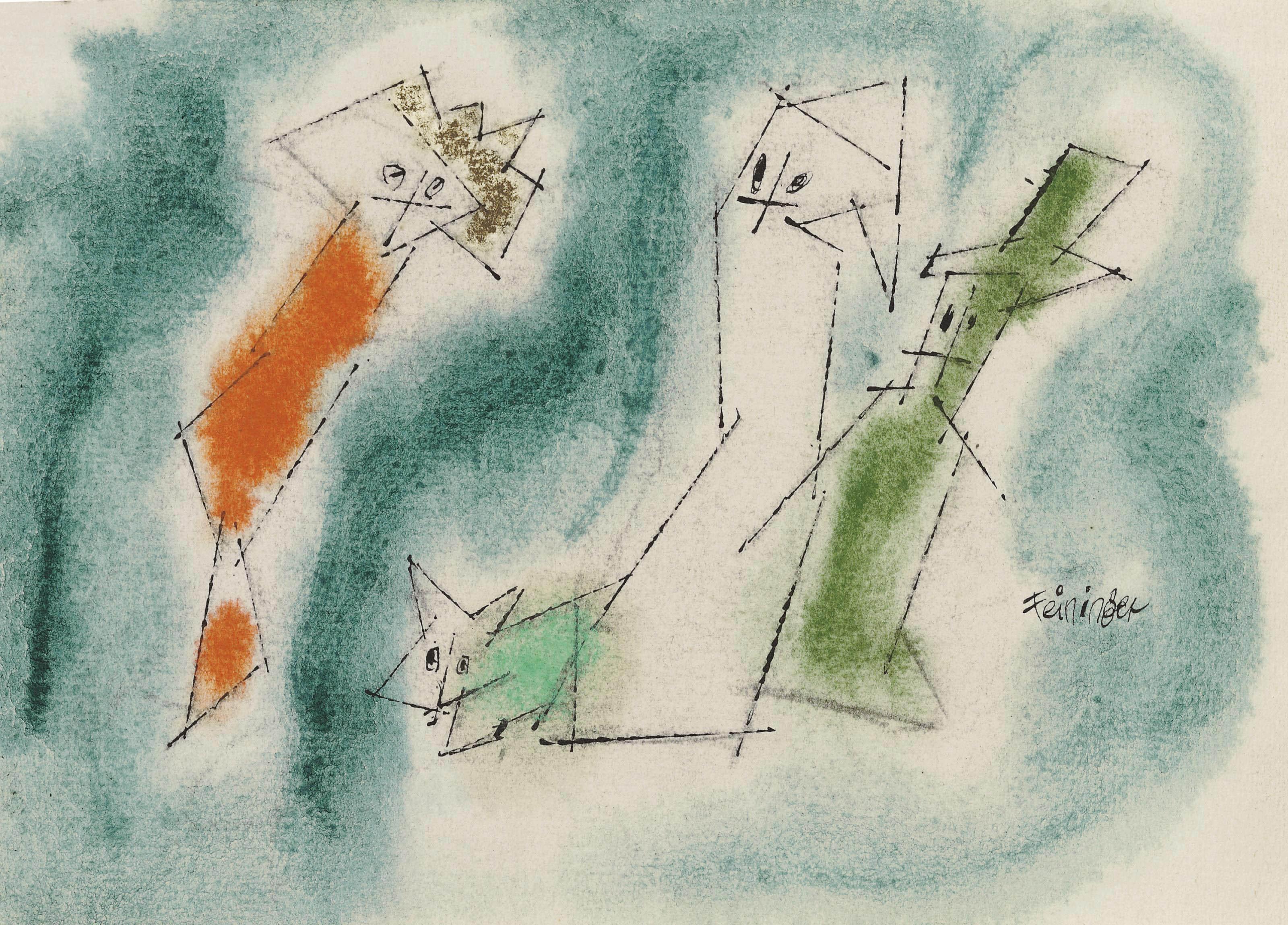 Lyonel Feininger - Three Figures and One Cat