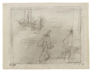 Lyonel Feininger - Three Figures on the Shore and Sailing Ships (A Double Sided Work)