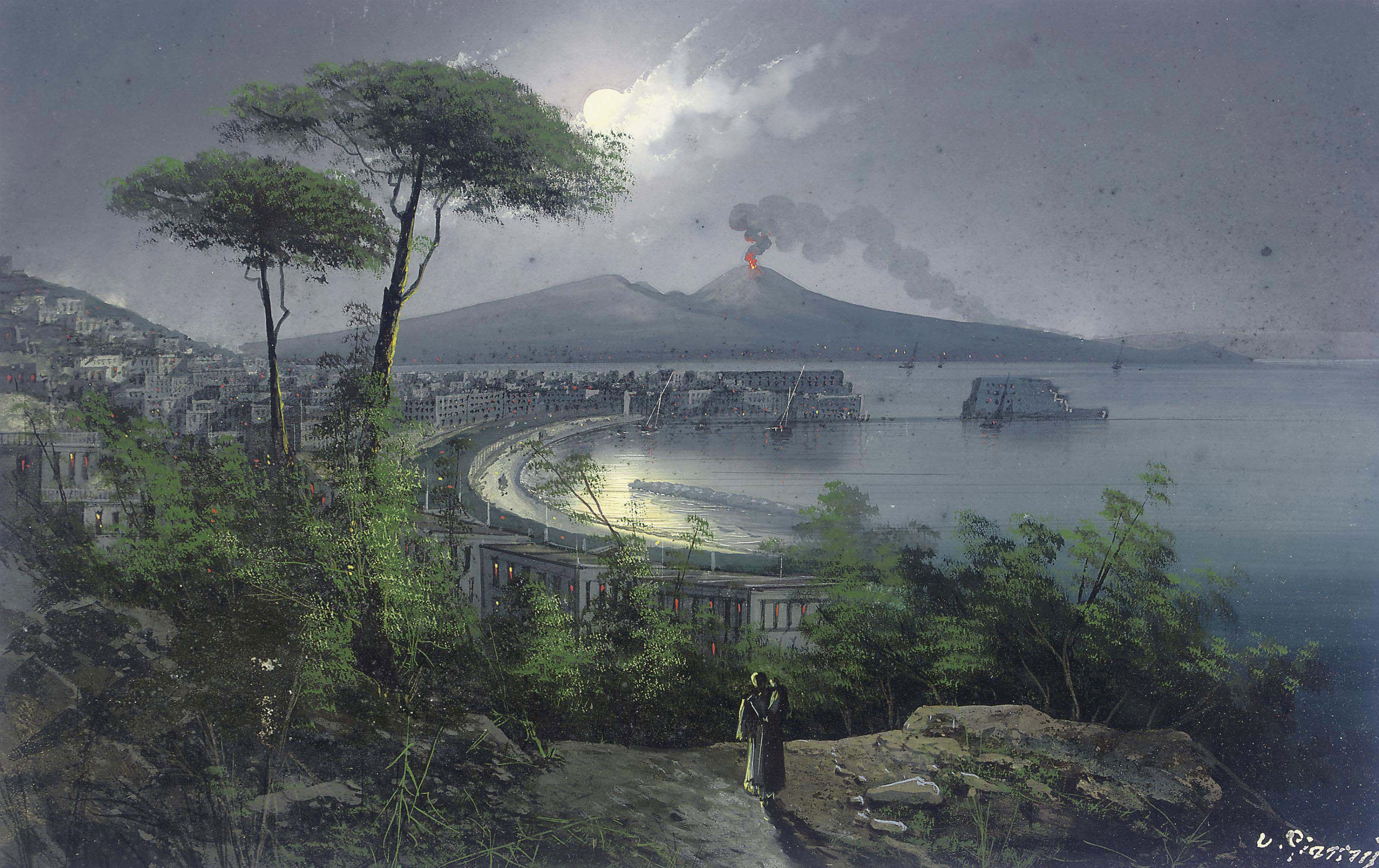 M. Gianni - The bay of Naples at night, with Vesuvius erupting beyond (illustrated); Bay of Naples; and Fisherfolk on the shore, Sorrento