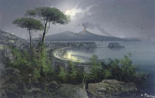 M. Gianni - The bay of Naples at night, with Vesuvius erupting beyond (illustrated); Bay of Naples; and Fisherfolk on the shore, Sorrento