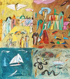 Madeleine Pyk - Motif with figures and animals.