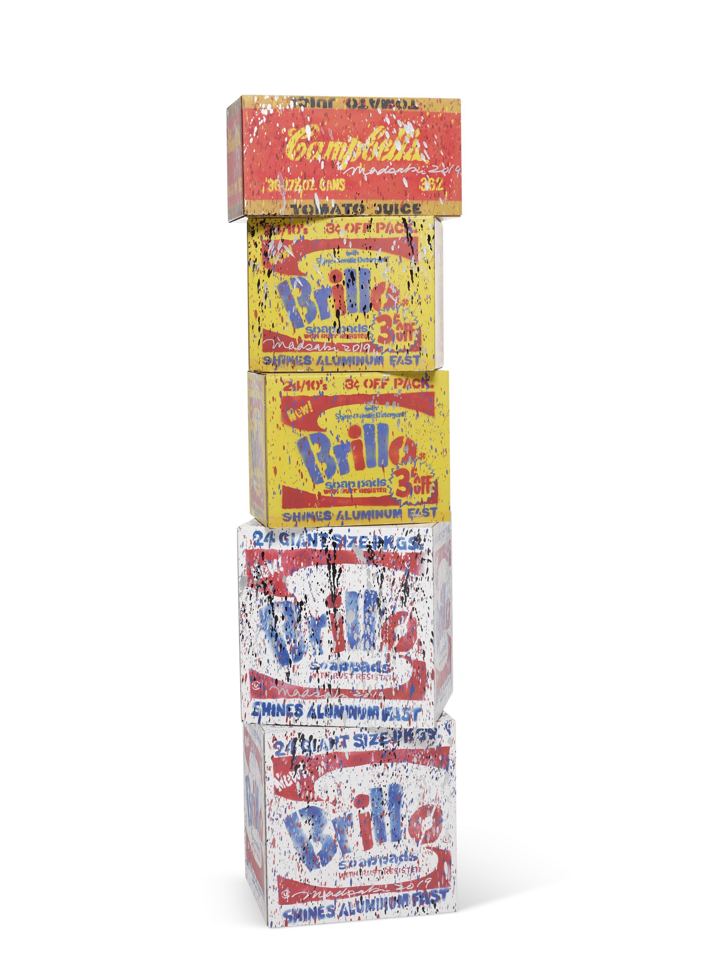 Madsaki - Brillo Box (3 cents off) II-P (inspired by Andy Warhol): two boxes; Brillo Soap Pads Box II-P (inspired by Andy Warhol): two boxes; CAMPBELL\'S TOMATO JUICE BOX II-P (inspired by Andy Warhol)