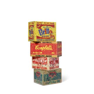 Madsaki - i. Brillo Box (3 cents off) II-P (Inspired by Andy Warhol); ii. Campbell\'s Tomato Juice Box II-P; iii. Heinze Tomato Ketchup Box II-P; & iv. Del Monte Box (Peach halves) II-P (sprayed with acrylic) (set of four)