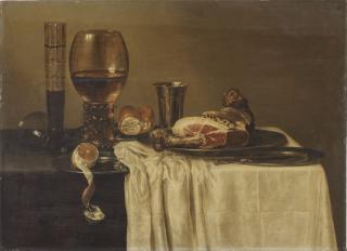 Maerten Boelema de Stomme - A ham on a pewter plate, a partly-peeled lemon, a roemer, a beer flute, a wine glass, a bread roll, a silver engraved cup and a knife on a pewter plate on a partly-draped table