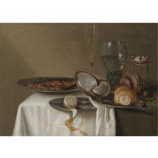 Maerten Boelema de Stomme - A Still Life With A Half-Peeled Lemon On A Pewter Dish, A Dried Fish With Capers, A Wine Glass, Roemer, Triangular Salt Cellar And A Nautilus-Shell Cup On A Table Covered With A Dark Cloth And White Napkin