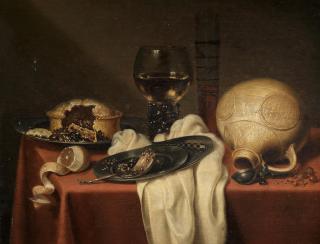 Maerten Boelema de Stomme - An overturned jug, a roemer and a meatpie on a draped table-top with pewter dishes, a peeled lemon and a glass of wine