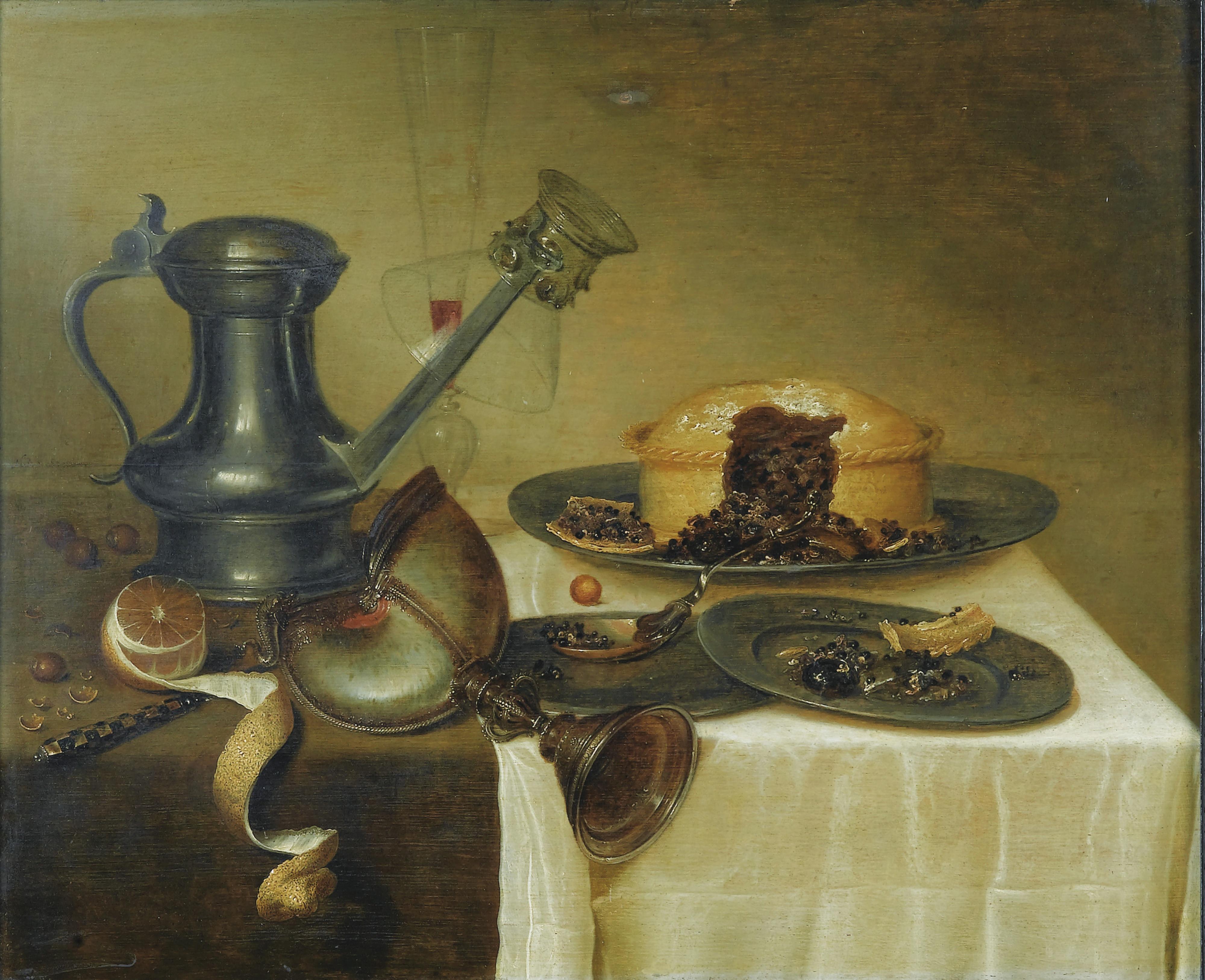 Maerten Boelema De Stomme - Nature Morte Au Pichet, Citron, Tourte Et Vase Nautile Sur Un Entablement De Boismaerten Boelema De Stomme ; Still Life With A Pitcher, A Lemon, A Pie And A Nautilus Cup On A Wooden Ledge ; Signed Centre Left ; Oil On Panel