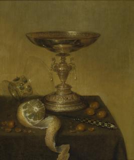 Maerten Boelema De Stomme - Still Life With A Silver Tazza, An Overturned Roemer, A Peeled Lemon, A Knife, And Nuts On A Table Top