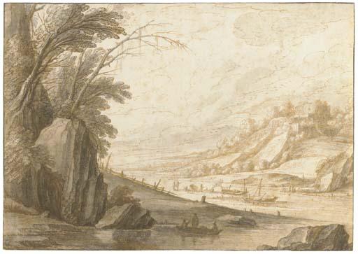 Maerten de Cock - An Extensive Landscape With Fishermen On A Broad River, A Ruined Castle Beyond