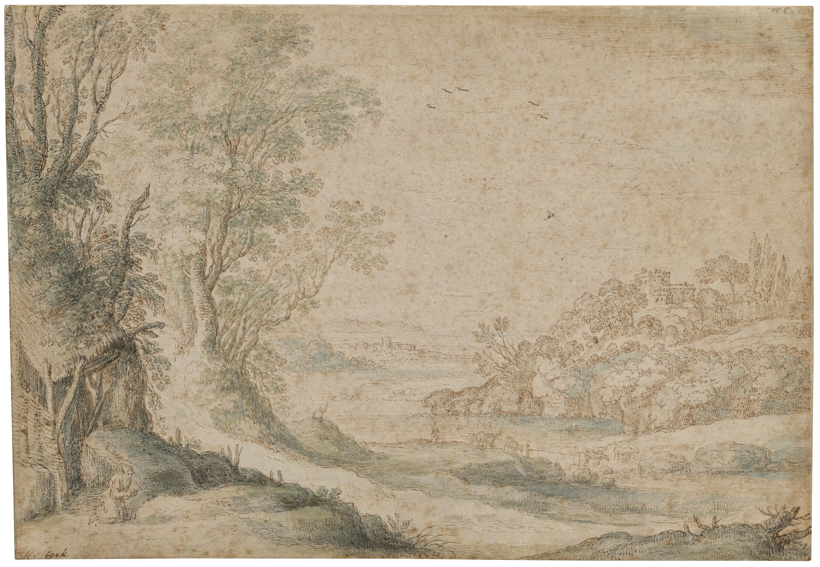 Maerten De Cock - Paysage Fluvial Avec Un Ermite En Prière Et Une Bâtisse Fortifiée Sur Une Colline