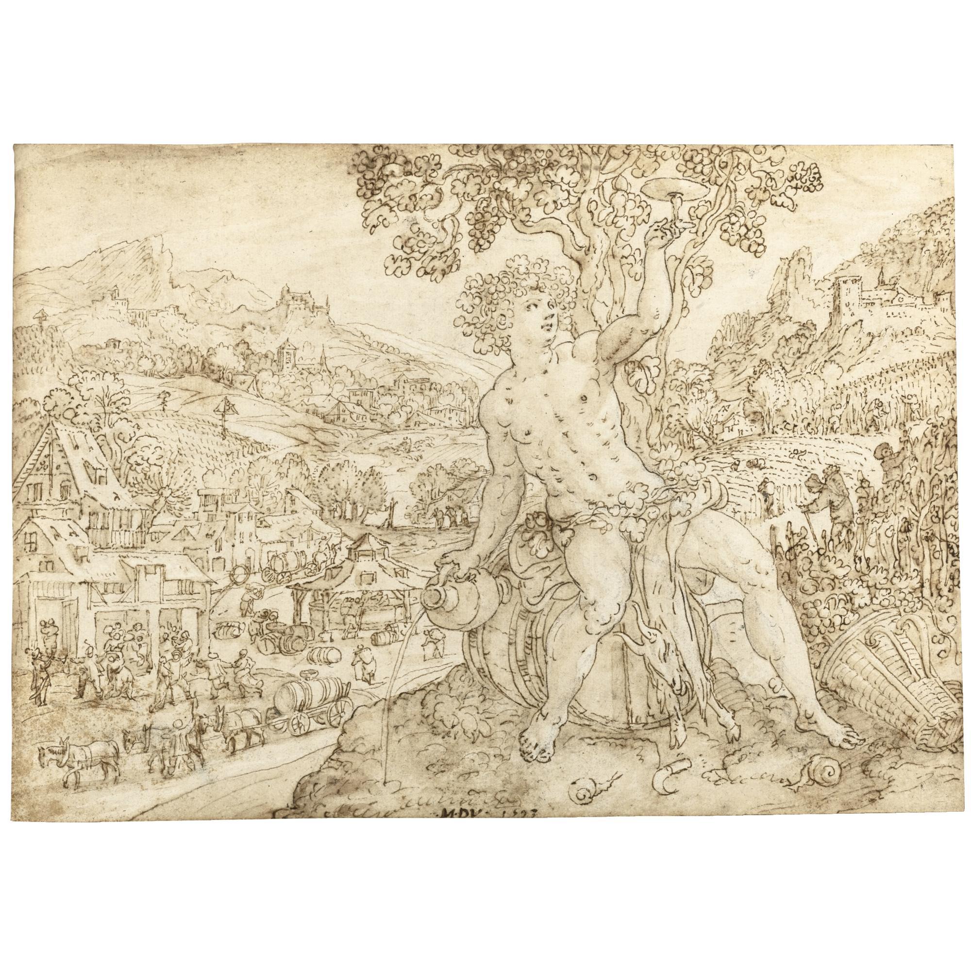 Maerten De Vos - Bacchus Seated In A Landscape, The Harvest To His Right And A Town Below: An Allegory Of Autumn
