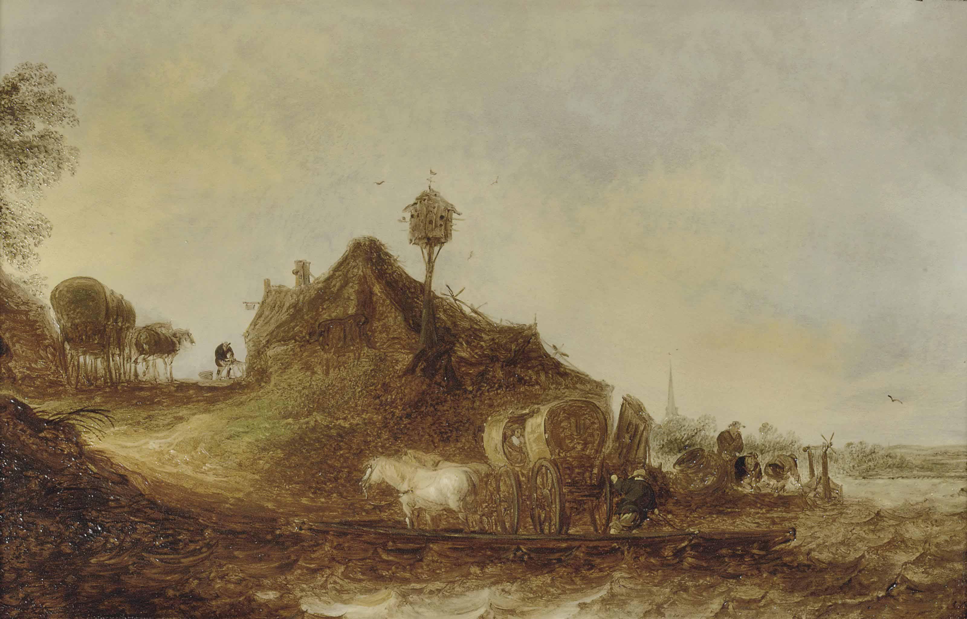 Maerten Fransz. Van Der Hulst - A Ferry Carrying A Horse-Drawn Coach Across A River